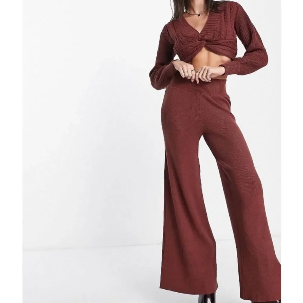 Free People Emilie Wide-Leg Ribbed Pants Size XS Cherry Cola Gently Worn